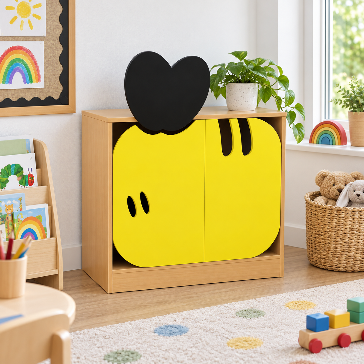 Children’s Novelty Honeybee Low Bookcase with Doors in a bright early years classroom – view 7