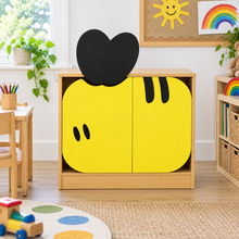 Children’s Novelty Honeybee Low Bookcase with Doors in a bright early years classroom – view 1