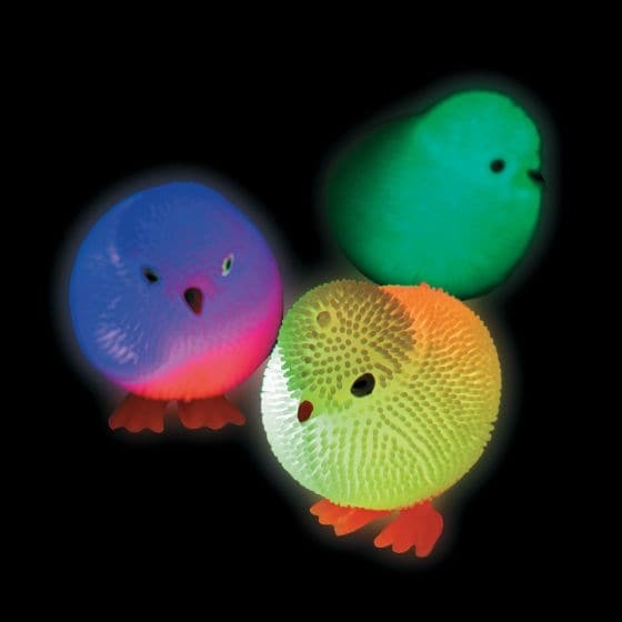 Chirpy Light Up Chicks, The Light-Up Puffer Chick is a cute little stress reliever and an awesome friend. The Chirpy Light Up Chicks keep you company during the day and will always be ready for whenever you need them as a hand held pocket sized fidget toy friend. The Tactile touch is so soft to touch and children will love the Chirpy Light Up Chicks. Go ahead and squish the Light Up Chicks, squeeze it, and pull the stretchy spikes. For more fun, tap the Puffer Chick to watch a display of colourful flashing 
