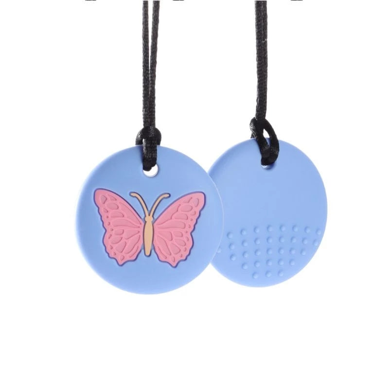 CHUIT Butterfly Sensory Chew, The CHUIT Butterfly Sensory Chew features an inset slightly textured butterfly design on the front-side and a textured heart on the reverse side for an added sensory experience. This exclusive CHUIT Butterfly Sensory Chew is suitable for mild-moderate chewers.Our silicone chewable tools can be beneficial for children with ADHD, anxiety, autism or sensory processing disorders. As a chewable, tuggable, and durable item to wear and love. It gives the wearer a feeling of dressing u