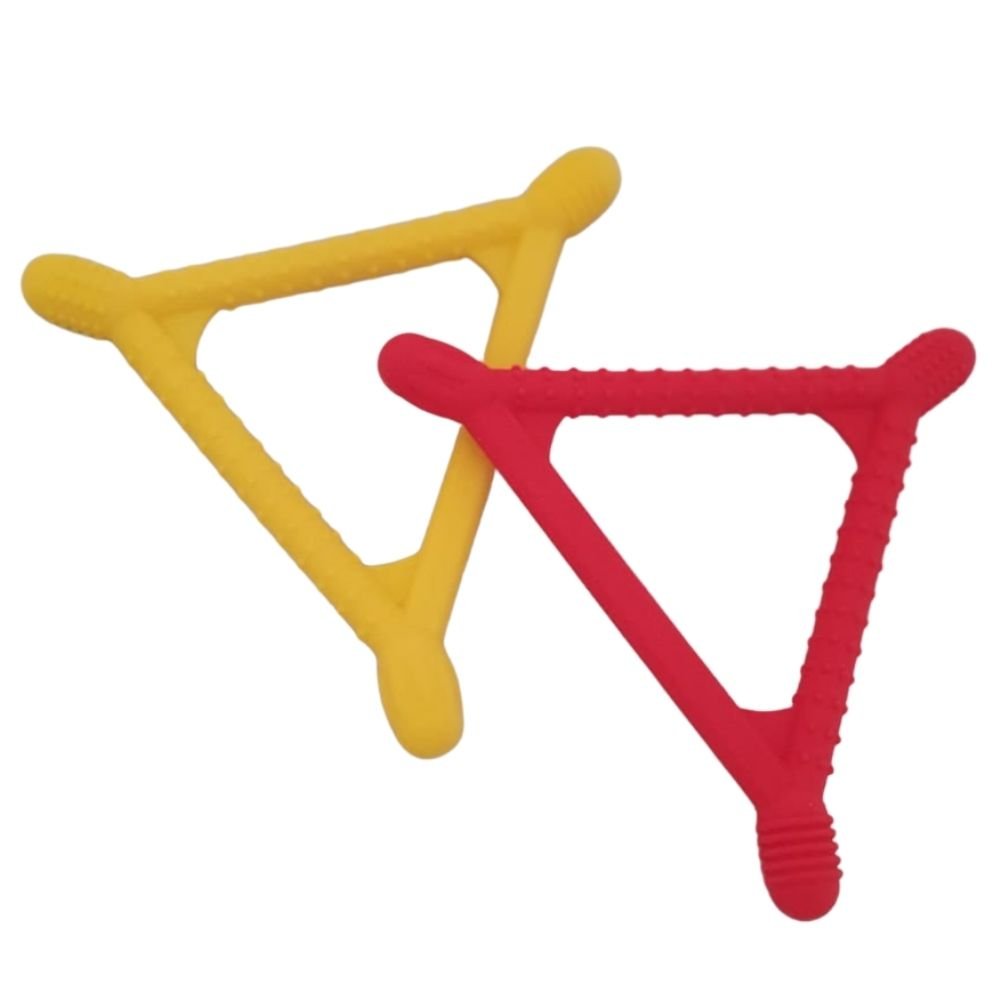CHUIT Tri Shape Chew, The Tri Shape-Chew is a soft chewy mouthing tool for babies and toddlers. The CHUIT Tri Shape Chew has ridges, bumps, and swirls on each end to simulate the various textures of food used for chewing. Jaw movement and pressure can be experienced through the varied sizes of the ends, which are also small enough to prevent gagging. The textured sides on the CHUIT Tri Shape Chew provide sensory input for the lips, gums, and tongue. CHUIT Tri Shape Sensory Chew The triangular shape makes it