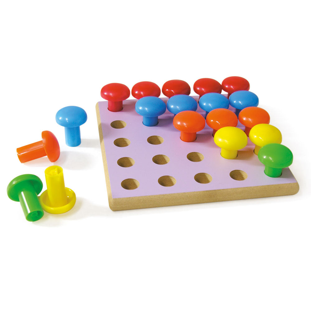 Chunky Pegboard, The Chunky Peg Board with Large Pegs is Ideal for counting, patterns, sequencing & geometry work. The Chunky Peg Board contains 25 large chunky pegs in 5 different colours. Children will love to slot the pegs into any of the 25 holes on the board to create different patterns and sequences. The Chunky Peg Board can also be used for colour sorting, counting and basic math. The large pegs have smooth rounded tops which make them comfortable to hold and grip. The Chunky Pegboard design is ideal