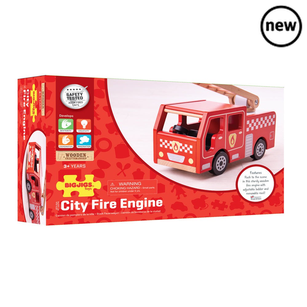 City Fire Engine, Introducing the Bigjigs City Fire Engine - a beautifully detailed wooden toy that is perfect for sparking the imaginations of young children. This delightful playset is designed to inspire hours of creative, fun-filled play for your budding young firefighter. The City Fire Engine comes complete with a swivel ladder that can be lifted and rotated, ready to rush to the scene of any imaginary emergency. Whether it's putting out fires or rescuing cats from trees, your little one will be engage