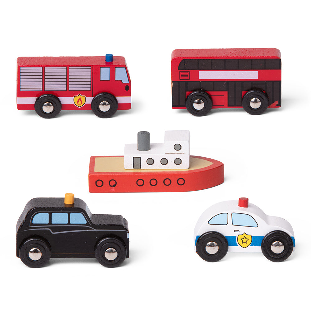 City Vehicles, Time to get busy and add some extra traffic to your track layout! A black taxi cab, red double decker bus, fire engine, police car and a boat make up this fleet of city vehicles. Endless hours of creative role play fun. Made from high quality, responsibly sourced materials. Conforms to current European safety standards., City Vehicles-Sensory Toys, Time to get busy and add some extra traffic to your track layout! A black taxi cab, red double decker bus, fire engine, police car and a boat make