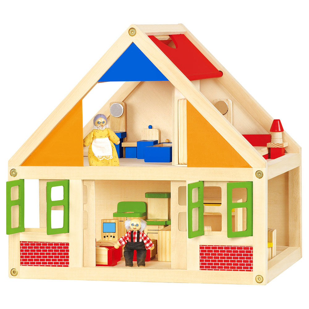 Classic Wooden Dollhouse With Family And Furniture, Presenting the perfect blend of tradition and play: our Open Plan Wooden Dollhouse, complete with a loving set of grandparents. Dive deep into stories of family ties, heritage, and cherished memories with this meticulously crafted toy. Key Features: Generations Unite: A unique twist to your classic dollhouse - this set includes a delightful grandparents duo, facilitating conversations about family, values, and lineage. Versatile and Portable: Whether on a 