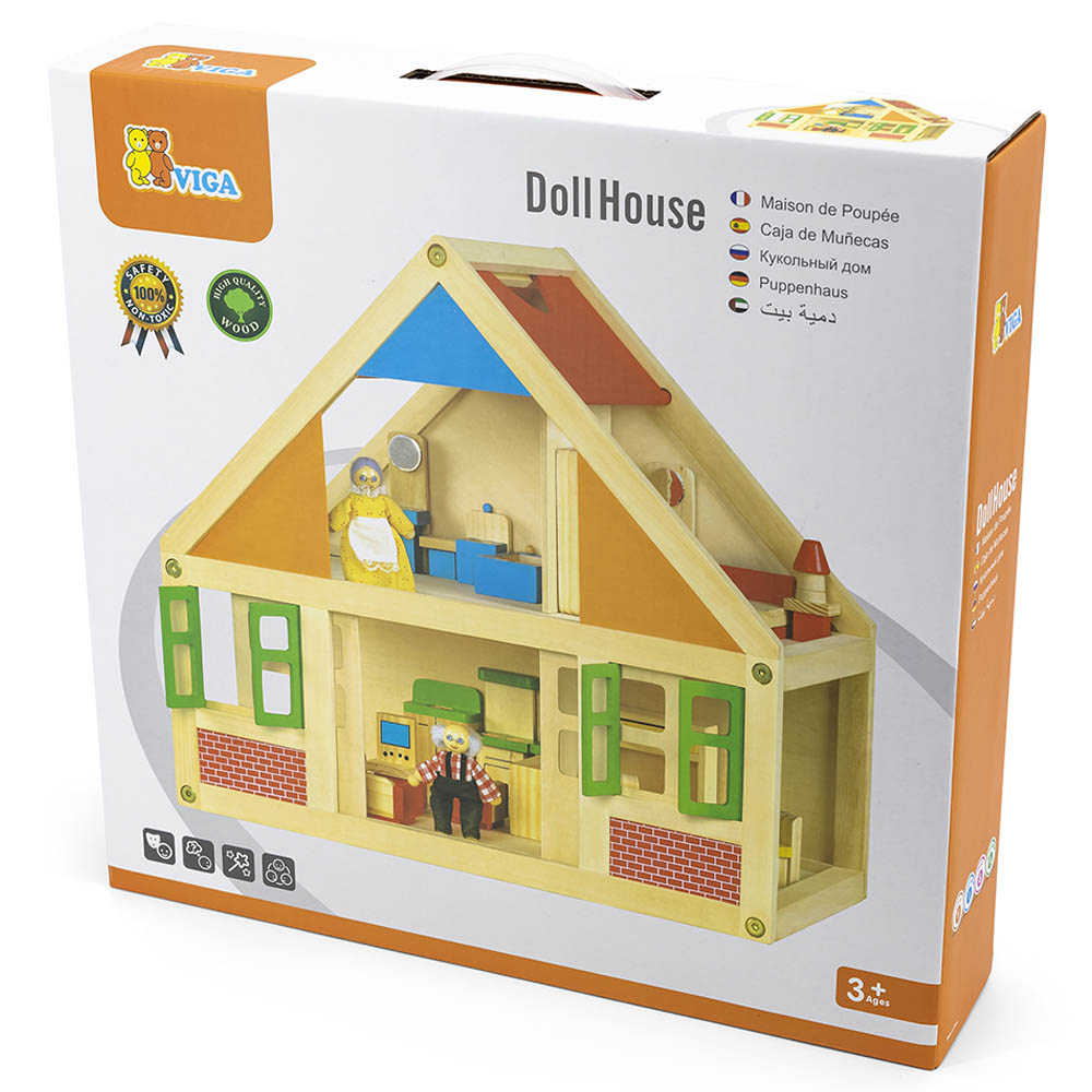 Classic Wooden Dollhouse With Family And Furniture, Presenting the perfect blend of tradition and play: our Open Plan Wooden Dollhouse, complete with a loving set of grandparents. Dive deep into stories of family ties, heritage, and cherished memories with this meticulously crafted toy. Key Features: Generations Unite: A unique twist to your classic dollhouse - this set includes a delightful grandparents duo, facilitating conversations about family, values, and lineage. Versatile and Portable: Whether on a 