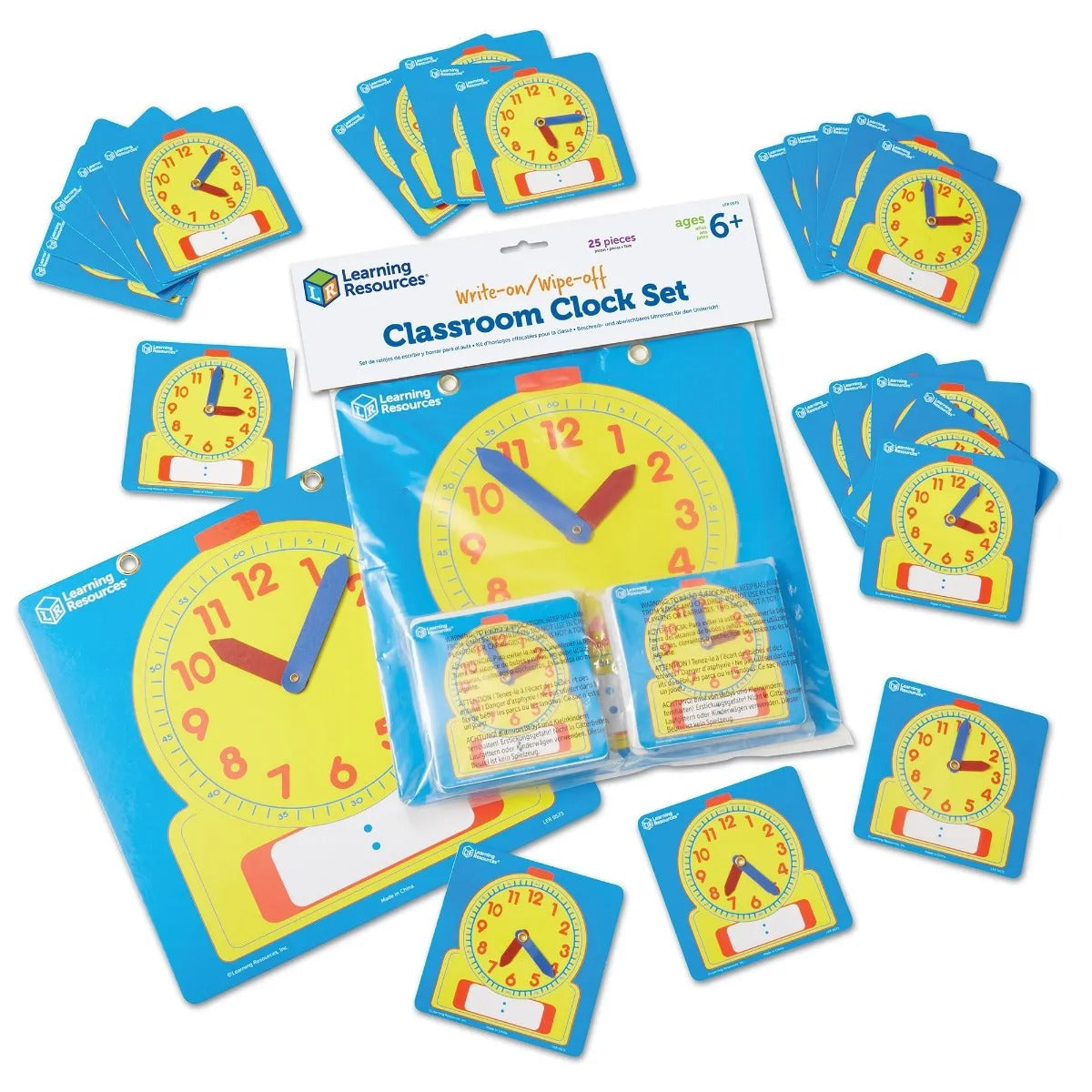 Classroom Clock Kit, Learning Resources Wipe Clean Classroom Clock Kit comes with laminated write & wipe clocks feature movable plastic hands and a place to write in the digital time. Ideal for introducing primary numeracy classes to the concept of time these student clocks measure 11cm square while the demonstration clock measures 30.5cm square. Comprehensive set includes one demonstration clock and 24 student clocks.locks. Clocks are made from durable plastic and have easy-to-read hour and minute markings