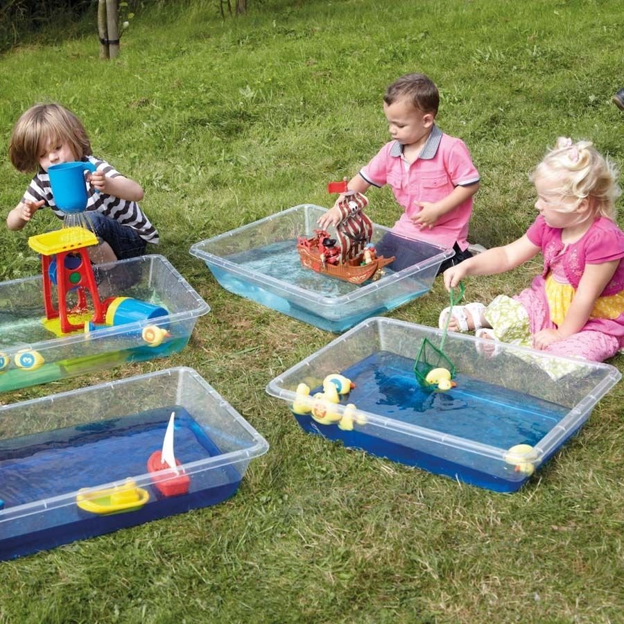 Clear Sand and Water Trays 4 Pack, Four stacking water trays, ideal for nurseries, schools or childminders with limited space and budget. Easy to transport and store, they are ideal for pack away settings or those wanting to have more than one sand & water station. These stackable sand and water trays are ideal for children to create sand, water and messy play. The Clear Sand And Water Trays are easily moved,lifted and emptied.These Clear Sand And Water Tray are large enough to give the children plenty of r