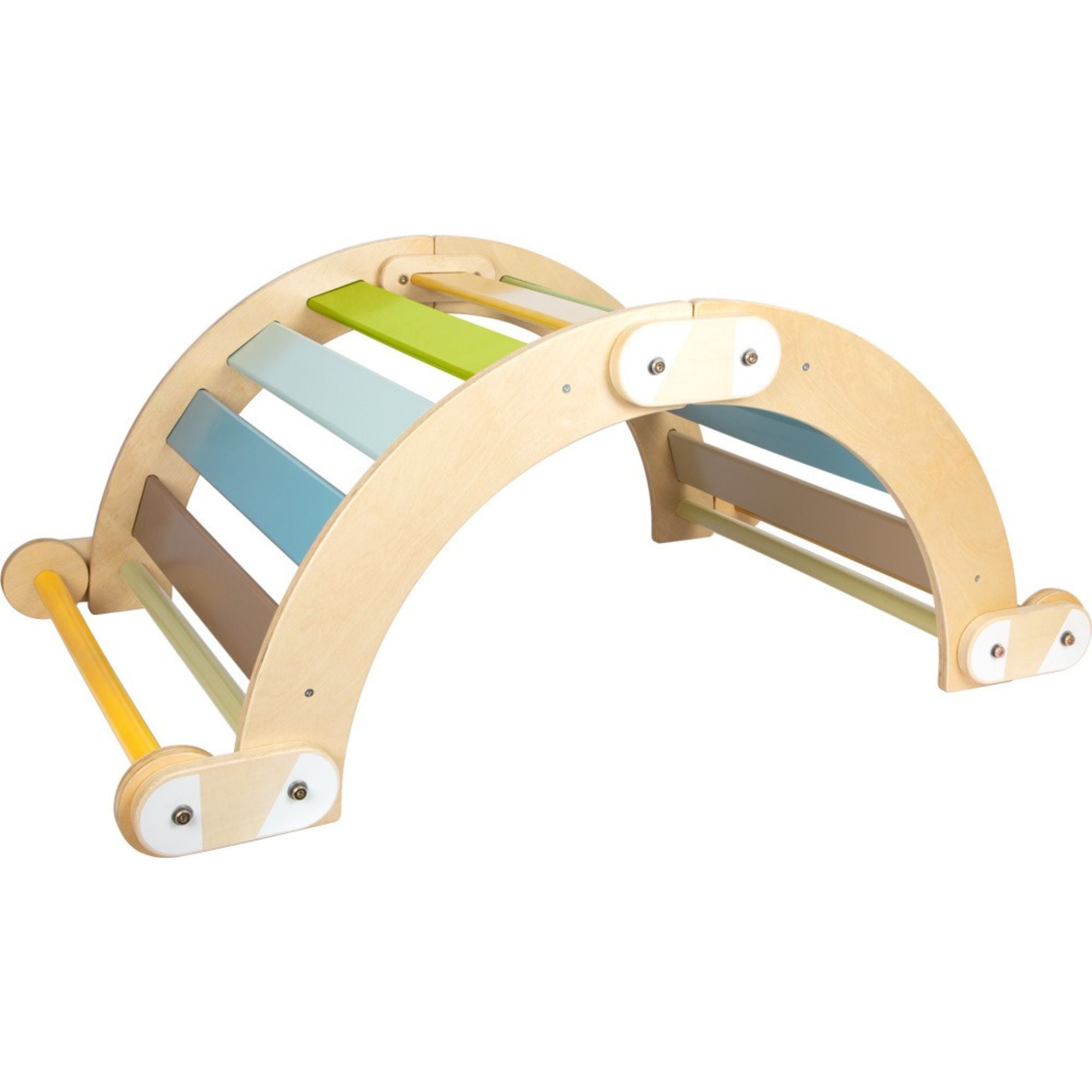 Climbing Seesaw Adventure, Climbing, seesawing, and sliding! This wooden climbing seesaw is a multifunctional all-rounder with all kinds of possibilities for creative play and promoting the development of motor skills and movement abilities. The shape and form of the toy fits its respective function: whether as an arch, tunnel, slide, bridge, or turned upside-down as a seesaw or balance board - the play variations are limitless! And this is practical: when playtime is over, the triangle can be stored in a s