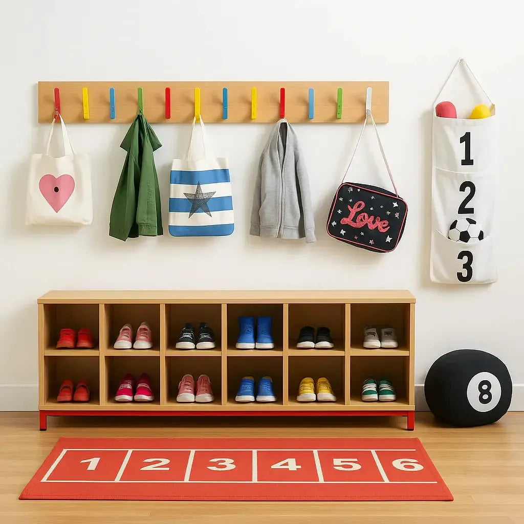 Cloakroom Bench with 16 Storage Compartments-Cloakroom Bench with 16 Storage Compartments