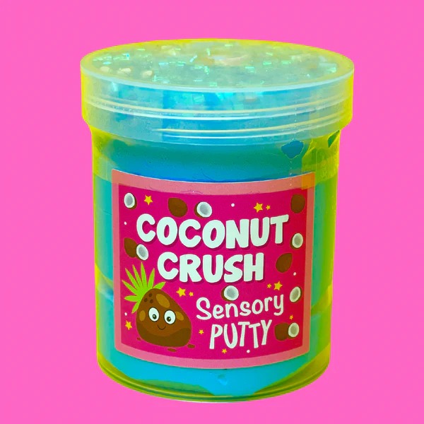 Coconut Crush Putty, Our Coconut Crush putty is like a holiday in a jar! The duo of vivid blue putty, topped with shimmering blue bingsu beads, coconut themed sprinkles and a lush coconut charm, make for a sensory, tropical paradise in your own home! Putties are air reactive and will dry out of left out. Always return to the container after play with the lid tightly on. Keep away from direct sunlight. Keep away from fabrics and porous surfaces. Container Size: 275ml Ages 5+, Adult supervision recommended. C
