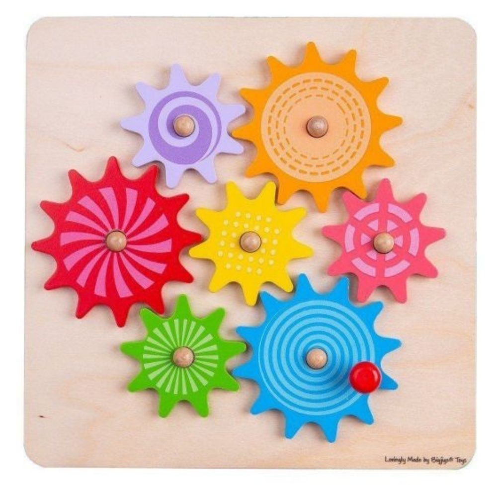 Cog Puzzle, Introduce your little one to the world of mechanics with our beautifully designed, colourful Cog Puzzle. This engaging toy is an excellent choice for developing hand-eye coordination and fine motor skills.Simply twist the red handle and watch as the seven removable cogs spin in unison, creating a mesmerizing display of motion and colour. The bright hues and captivating patterns will keep your child entertained for hours, stimulating their curiosity and encouraging creative play.Our Cog Puzzle is