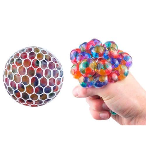 Colour Bubble Stress Mesh Ball, A rubber-like gel-filled ball that's surrounded by a soft net mesh. It may look like our classic Squishy Mesh Ball, but this squeezy novelty offers something slightly different. Give the ball a squeeze and it will bulge through the netting, causing a series of squishy balls to appear that have a glittery colour to them. Gel-filled squeezy ball Bulges with glittery colours Addictive squishy toy Perfect stress ball alternative Suitable for 5 plus Based on an all-time bestseller