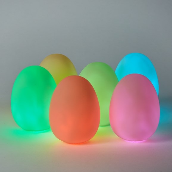 Colour changing egg, Watch in amazement as the Colour changing Egg slowly flows through its stunning range of colours. You can place the colour changing egg anywhere you want. Perfect for use in a sensory den or next to a children's bed as a soothing night light. The colour changing egg lights up from within and gradually fades through a whole spectrum of colours. It also features a colour locking button to pause the morphing on a particular shade of light. White when switched off Slowly changes colour like