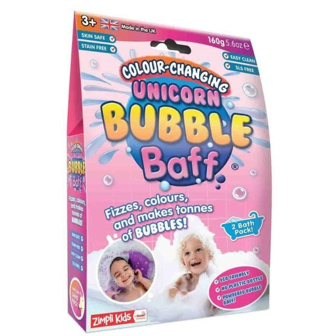 Colour Changing Powder Unicorn Bubble Bath, The Colour Changing Bubble Baff by Zimpli Kids is an entertaining and sensory-rich bath experience designed for children ages 3 and up. This UK-made, eco-friendly product is not only an exciting addition to bath time but also a sensory tool beneficial for children with additional needs like Autism, ASD, or SPD. How it Works: Simply sprinkle 160g of Bubble Baff powder into a bath filled with half the amount of water you would typically use. As you top it up with mo