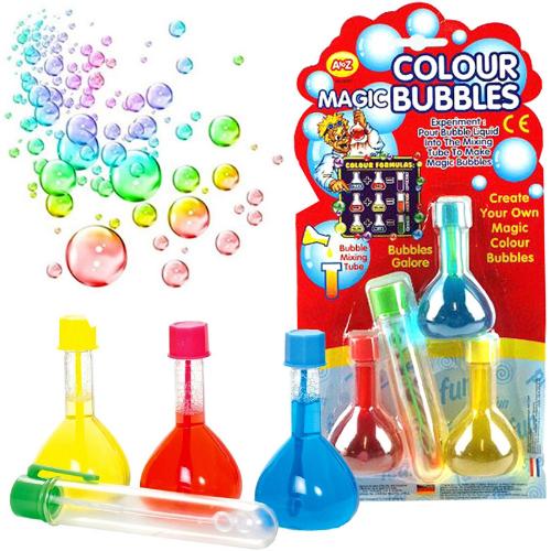 Colour mixing bubbles, Learn the science of the colour mixing with these stunning Colour mixing bubbles. The Colour mixing bubbles Lab includes 3 vials of coloured bubble liquid. Mix samples in the test tube and watch the liquid change colour. Colour Mixing bubbles are colourless when blown, so there are no messy rings after they've popped. Colour mixing bubbles 3 x 8cm bottles of bubble liquid in blue, red and yellow, 1 x Plastic mixing tube with wand and colour mixing chart printed on the packaging. Mix s