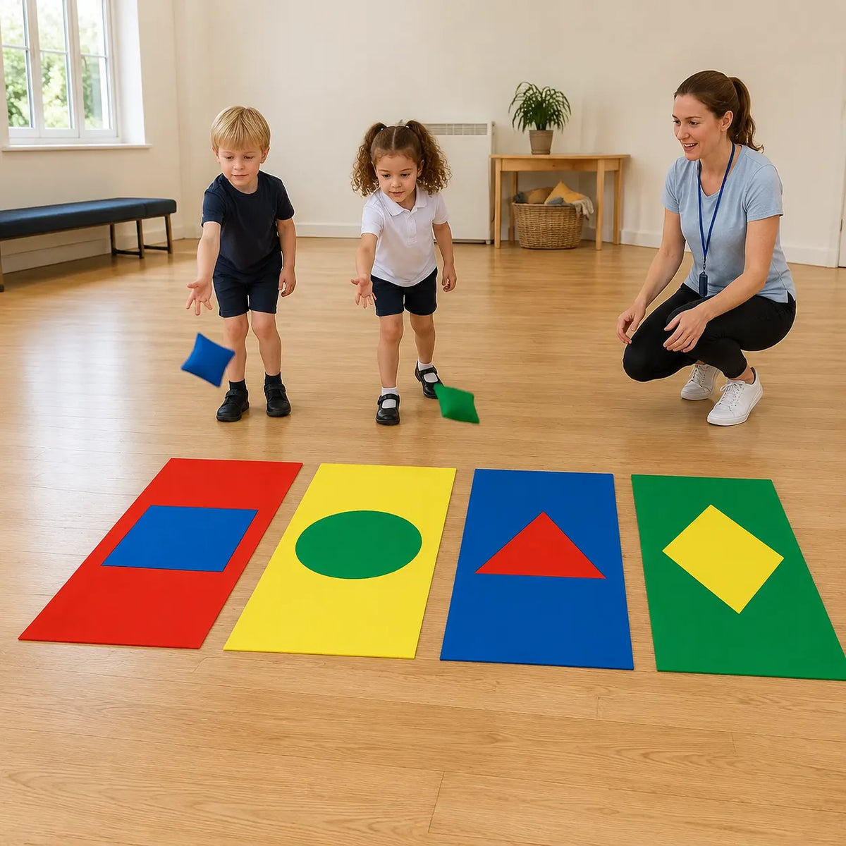 Printed shape mats for supervised beanbag target play