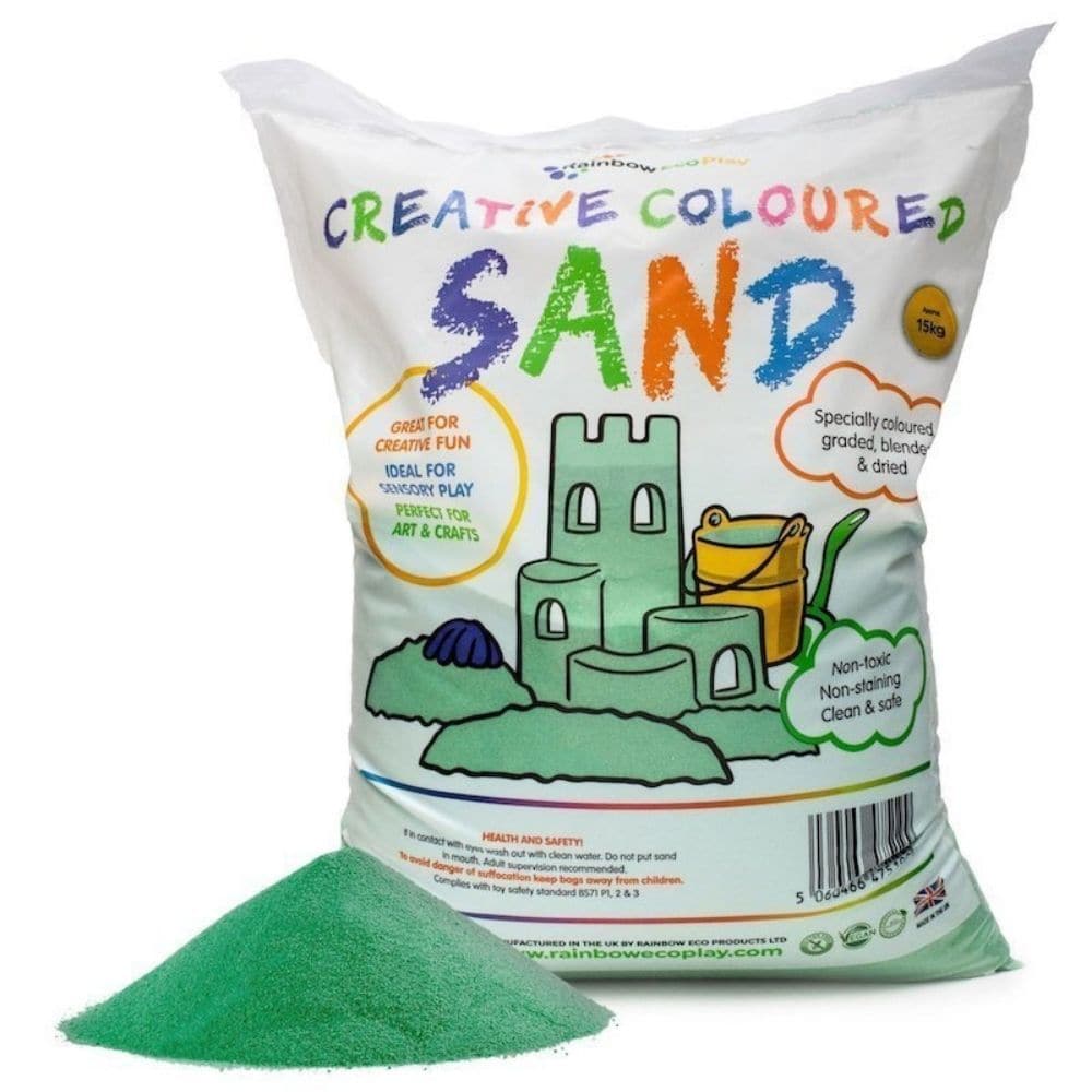 Coloured Sand Green 15kg Bag, The Coloured Sand Green 15kg Bag is good quality coloured sand that is clean, safe and fun which is ideal for your sand pit or to use in other play activities. Our Coloured Sand 15kg bag has various different colours to choose from. Green sand for the hills, blue for the sea; the possibilities for open ended play are limitless. All our products are gluten free and vegan friendly. Our children's play sand is clean, natural, non-toxic as well as environmentally friendly and our s