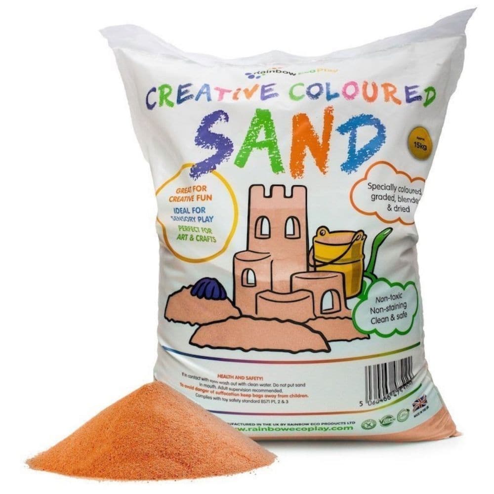 Coloured Sand Orange 15kg Bag, The Coloured Sand Orange 15kg Bag is good quality coloured sand that is clean, safe and fun which is ideal for your sand pit or to use in other play activities. Our Coloured Sand has various different colours to choose from. Green sand for the hills, blue for the sea; the possibilities for open ended play are limitless. All our products are gluten free and vegan friendly. Our children's play sand is clean, natural, non-toxic as well as environmentally friendly and our sand bag