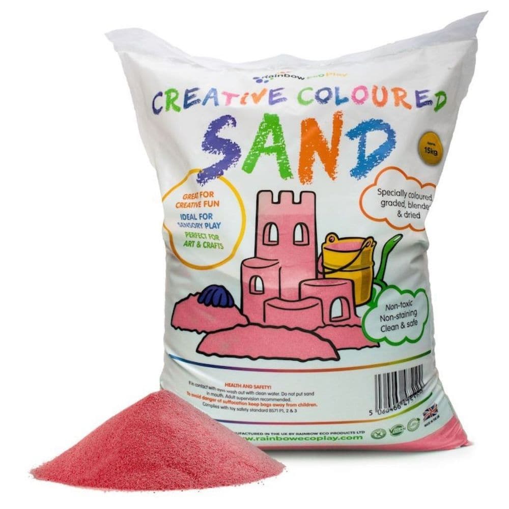 Coloured Sand Red 15kg Bag, The Coloured Sand Red 15kg Bag is good quality coloured sand that is clean, safe and fun which is ideal for your sand pit or to use in other play activities. Our Coloured Sand has various different colours to choose from. Green sand for the hills, blue for the sea; the possibilities for open ended play are limitless. All our products are gluten free and vegan friendly. Our children's play sand is clean, natural, non-toxic as well as environmentally friendly and our sand bags are 