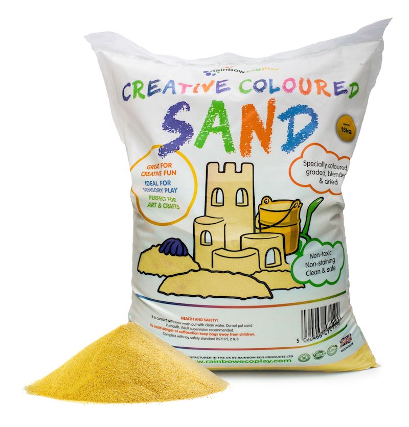Coloured Sand Yellow 15kg Bag, The Coloured Sand Yellow 15kg Bag is good quality coloured sand that is clean, safe and fun which is ideal for your sand pit or to use in other play activities. Our Coloured Sand has various different colours to choose from. Green sand for the hills, blue for the sea; the possibilities for open ended play are limitless. All our products are gluten free and vegan friendly. Our children's play sand is clean, natural, non-toxic as well as environmentally friendly and our sand bag