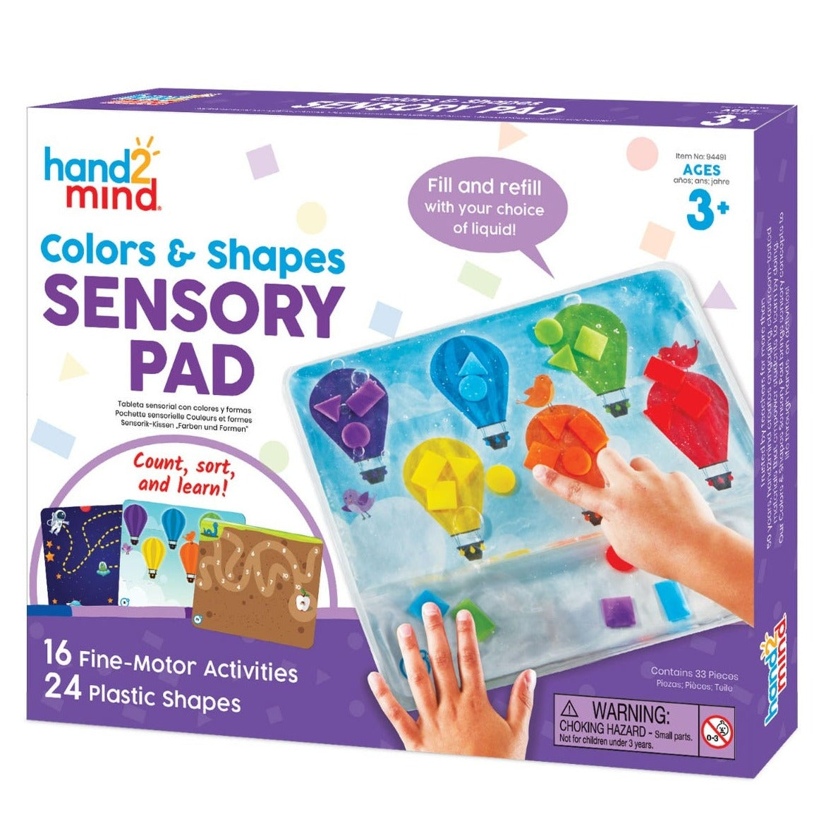 Colours & Shapes Sensory Pad, This sturdy, reusable sensory bag is ideal for tactile play and fine motor skills activities and will keep little hands busy and learning. Fill the bag with water or a clear gel. Then children use their fingers and hands to move the colourful geometric shapes around the bag. The pad comes with 8 colourful Activity Cards that fit neatly into the back of the bag, and feature fun learning activities. Children can play with this sensory bag on their laps, or use it at a table. This