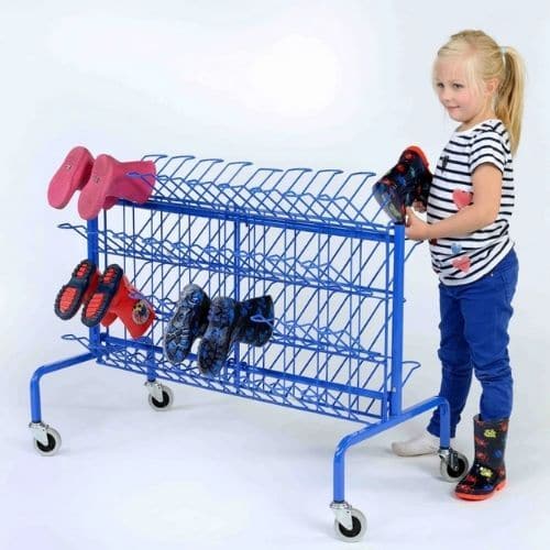 Compact Wellie Trolley, A mobile compact double side mobile welly trolley that can hold up to 36 pairs of wellies. The compact wellie trolley is the perfect addition to your school and early years setting and is both stylish and practical. The Compact Wellie Trolley is easy assemble. The Compact Wellie Trolley includes 4 castors making it easy to move and locate where desired. H72cm x W49cm x L1.01m. Double-sided Can hold up to 36 pairs of wellies Supplied flat packed 4 castors for easy mobility Ideal for k