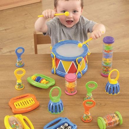 Complete Music Set, Introduce the magic of music to your little ones with our 14-piece musical instrument set. Perfectly crafted for tiny hands, this collection is more than just toys—it's a gateway to rhythm, melody, and discovery. Features: Variety of Instruments: With everything from rainsticks and rattles to a delightful drum, this set offers a rich assortment to captivate young minds and engage their auditory senses. Designed for Tiny Maestros: While each instrument is designed for the safety and ergon