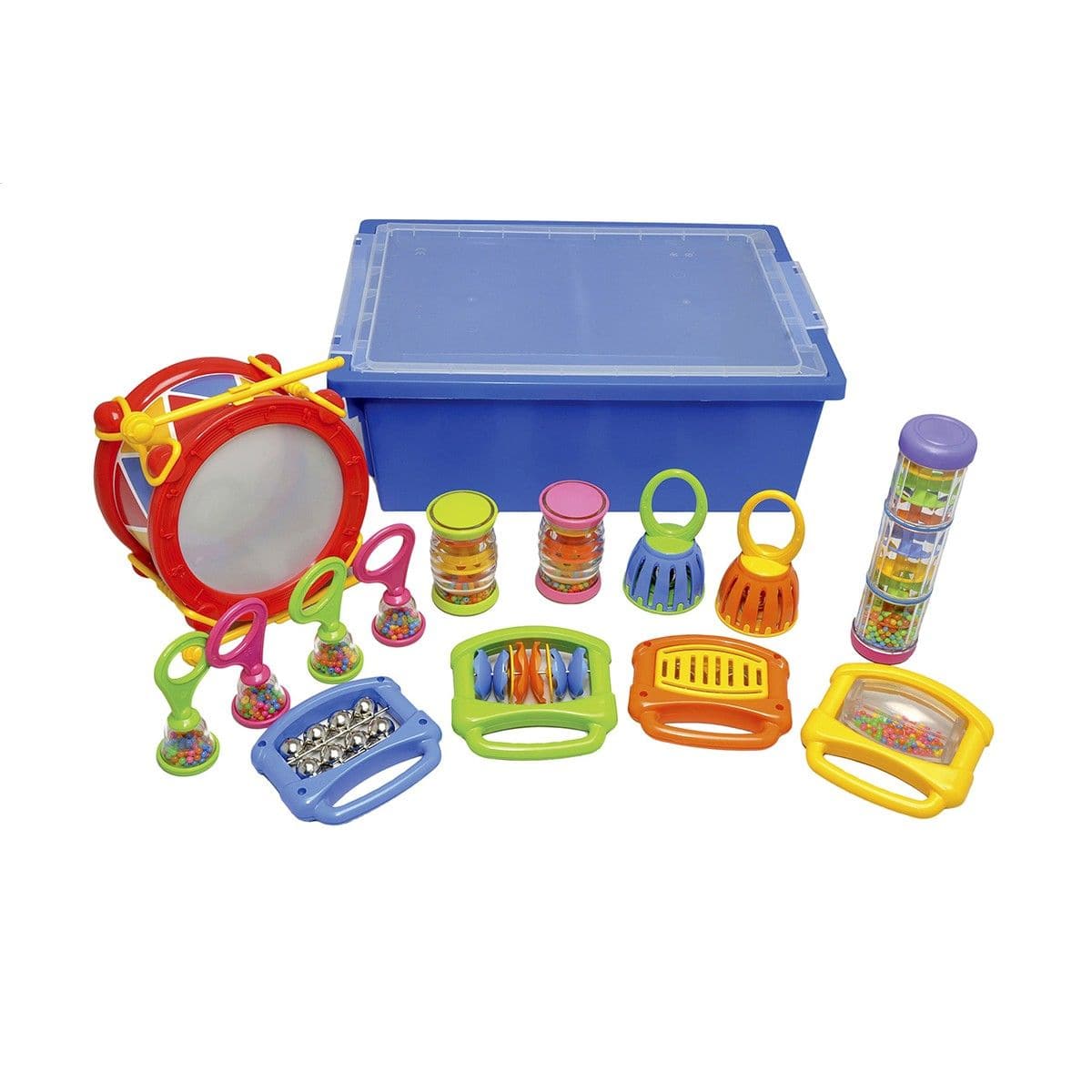 Complete Music Set, Introduce the magic of music to your little ones with our 14-piece musical instrument set. Perfectly crafted for tiny hands, this collection is more than just toys—it's a gateway to rhythm, melody, and discovery. Features: Variety of Instruments: With everything from rainsticks and rattles to a delightful drum, this set offers a rich assortment to captivate young minds and engage their auditory senses. Designed for Tiny Maestros: While each instrument is designed for the safety and ergon
