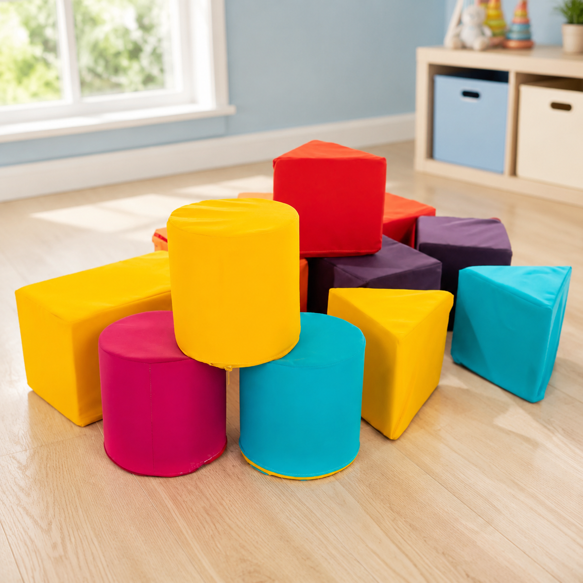 Construction Mini Soft Play Set colourful foam blocks in bright playroom