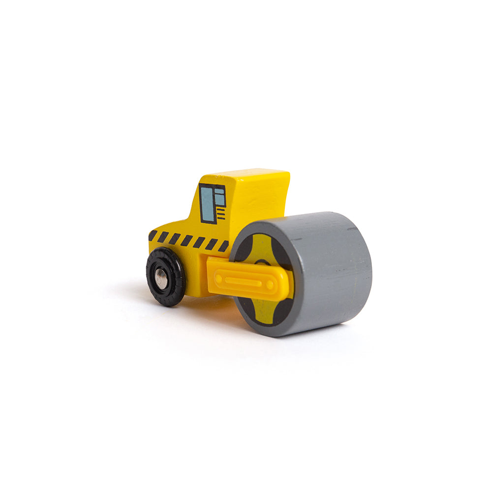 Construction Site Vehicles, Need extra assistance on your Construction Wooden Train Set? These bright yellow Site Vehicles can dig holes, roll tarmac and carry away the rubble from the building site and are the perfect wooden train accessories. This construction toy set includes a construction lorry with tipper, a roller, scooper, bulldozer and digger. Endless hours of creative role play fun are to be had! The chunky sizes are ideal for little hands to push along smooth surfaces. The construction vehicles a