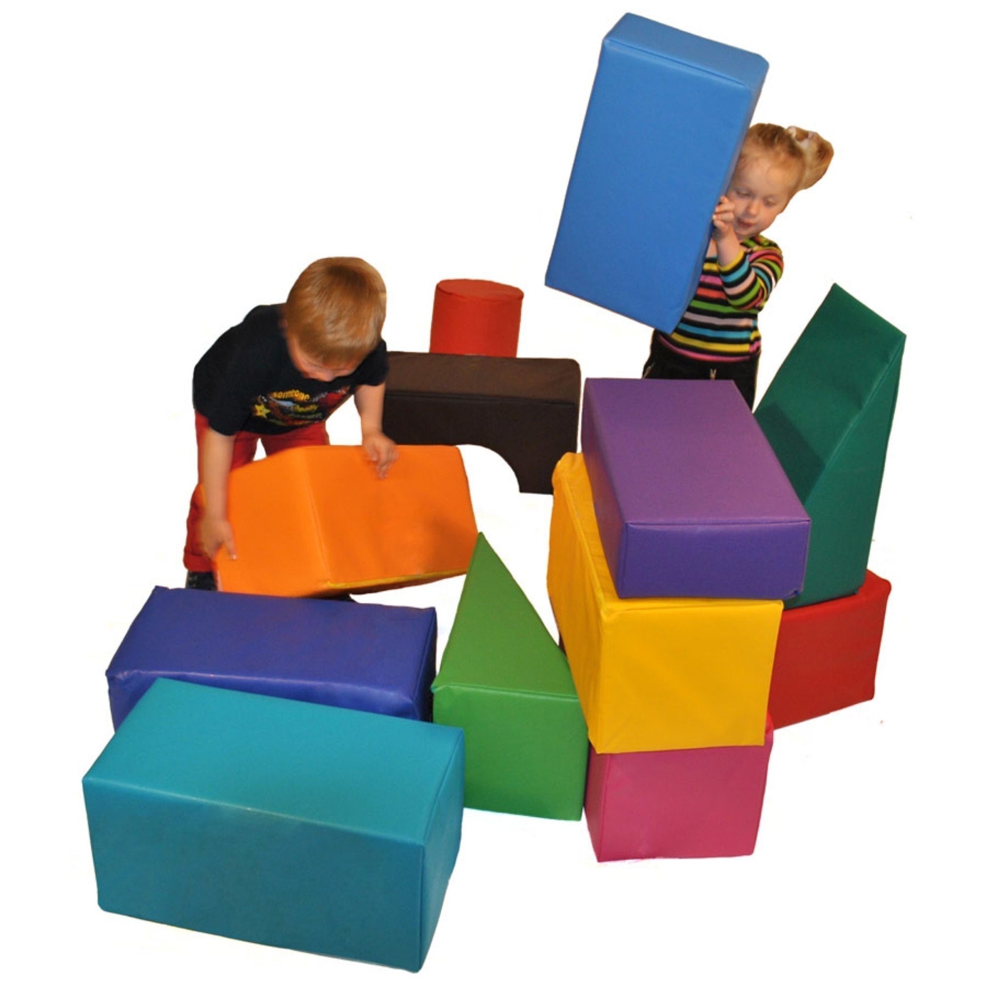 Construction Soft Play Set, This Construction Soft Play Set is a must for any nursery. The Construction Soft Play Set contains square, rectangular, wedge and cylinder shaped blocks in different sizes and colours. As children learn to play with them they develop both basic physical skills and important conceptual skills. The shapes look great and provide limitless fun while stimulating imagination. This set is designed with larger pieces for children up to 8 years. The pieces are completely wipe clean and co