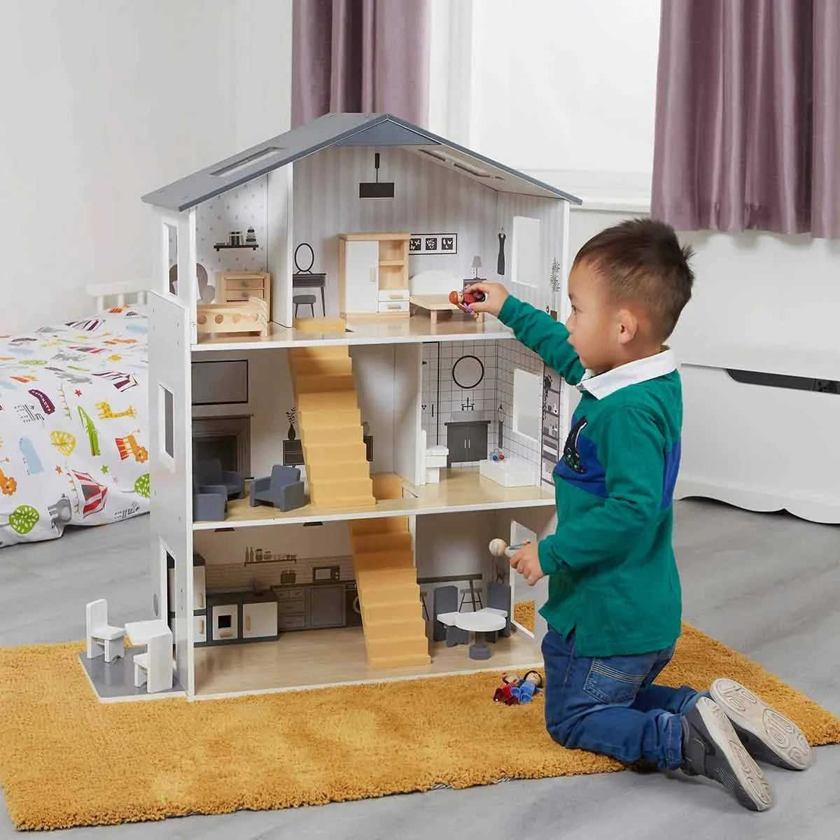 Contemporary Dolls House with 18 Handcrafted Wood Furniture Accessories-Contemporary Dolls House with 18 Handcrafted Wood Furniture Accessories