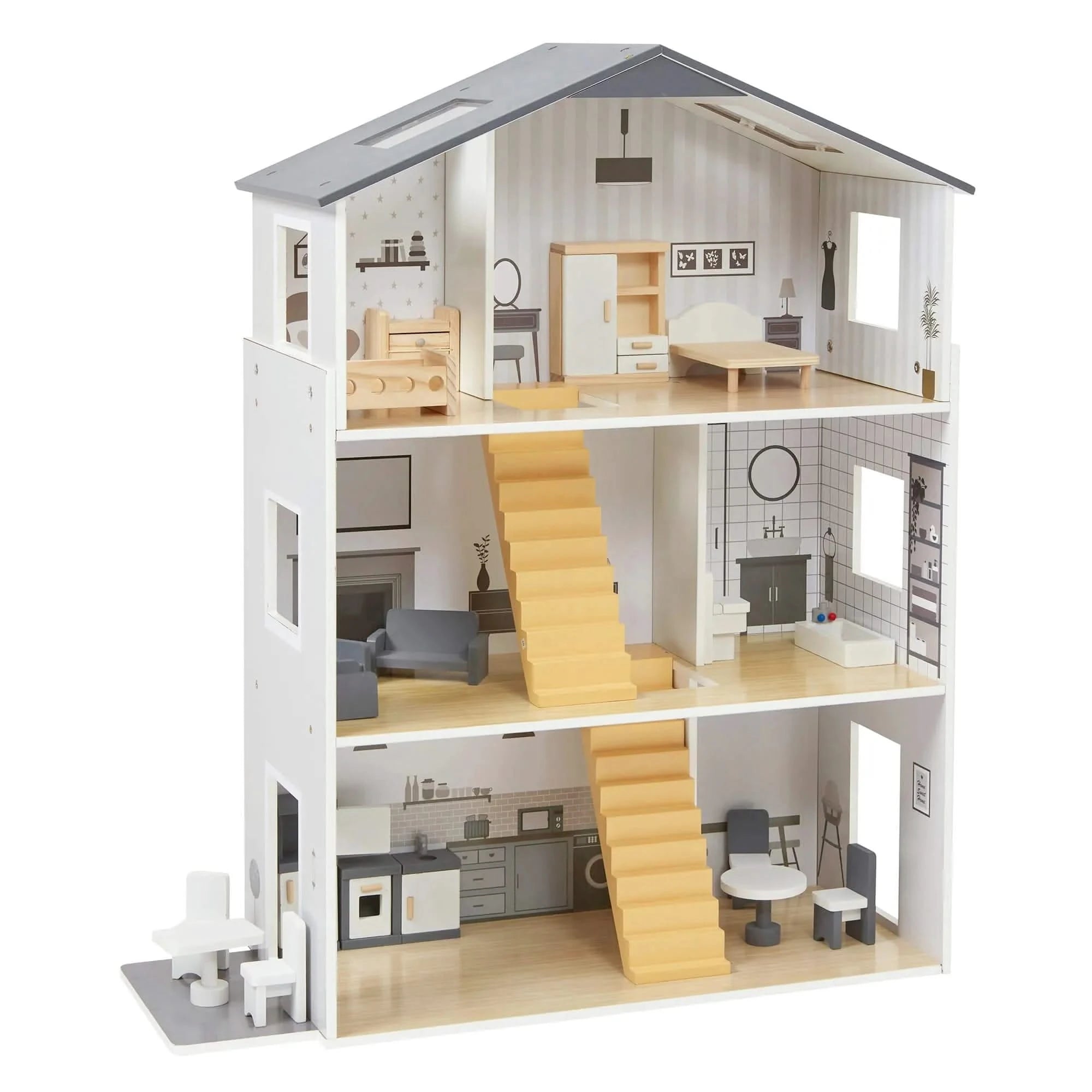 Contemporary Dolls House with 18 Handcrafted Wood Furniture Accessories-Contemporary Dolls House with 18 Handcrafted Wood Furniture Accessories