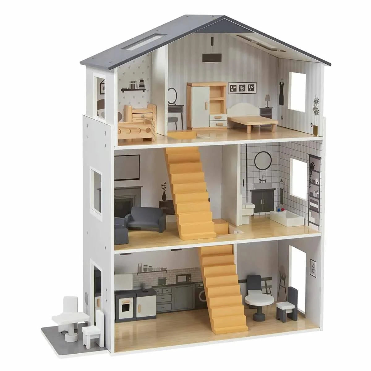 Contemporary Dolls House with 18 Handcrafted Wood Furniture Accessories-Contemporary Dolls House with 18 Handcrafted Wood Furniture Accessories