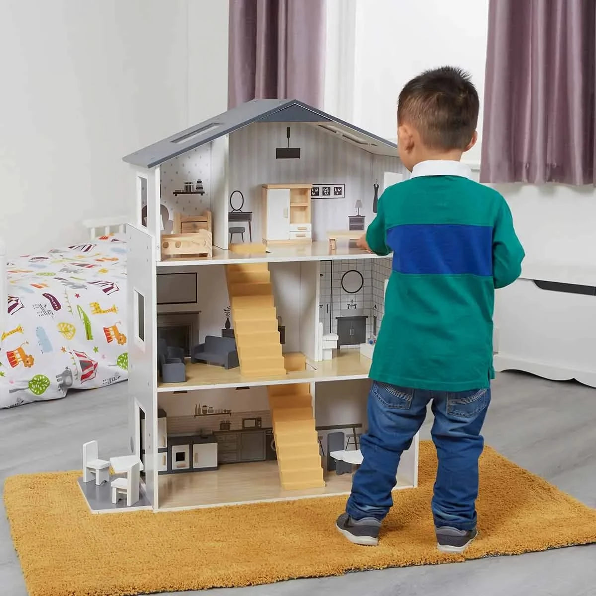 Contemporary Dolls House with 18 Handcrafted Wood Furniture Accessories-Contemporary Dolls House with 18 Handcrafted Wood Furniture Accessories
