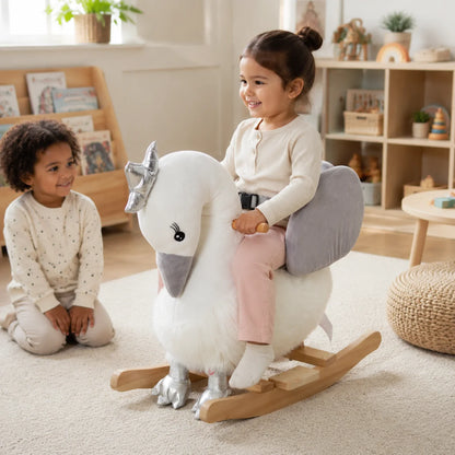 Swan Plush Rocking Horse with Sound – White and Grey
