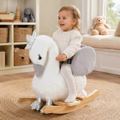 Swan Plush Rocking Horse with Sound – White and Grey