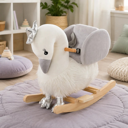 Swan Plush Rocking Horse with Sound – White and Grey