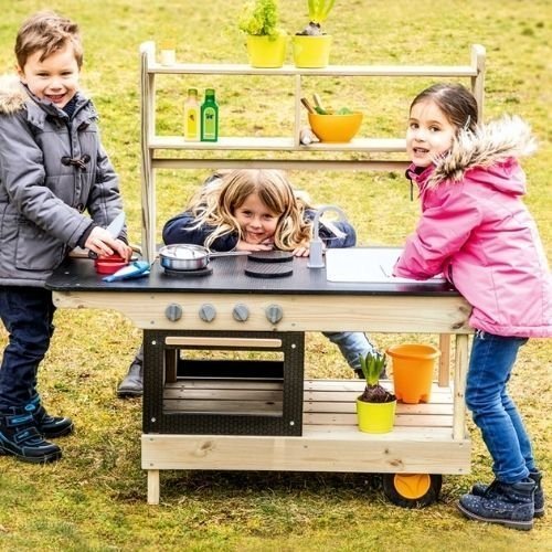 Cooks Corner Outdoor Kitchen, This Cooks Corner Outdoor Kitchen is an all in one space saving portable role play kitchen provides a fun, realistic and inspiring environment for children to play and learn. Cook corner kitchen is ideal for children to play with, interact with each other and play out real life situations. This Mobile Outdoor Kitchen is a great addition to any garden collection. Simply wheel it in and out and let little ones set up their very own restaurant. Features an oven, sink, microwave, c