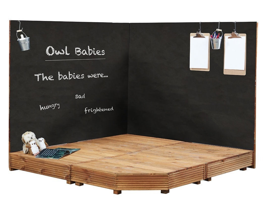 Corner Stage And Chalkboards, The Corner Stage And Chalkboards is a complete contained performance space. The chalkboard back drops enable children to create scenes, write planning notes or sequence their performance. Dimensions: H110cm x W154cm x D154cm Suitable for age 3 years +, Corner Stage And Chalkboards,Children's outdoor stage,Role Play outdoor stage,Outdoor play for toddlers,early years outdoor play, Corner Stage And Chalkboards,Children's outdoor stage,Role Play outdoor stage,Outdoor play for todd