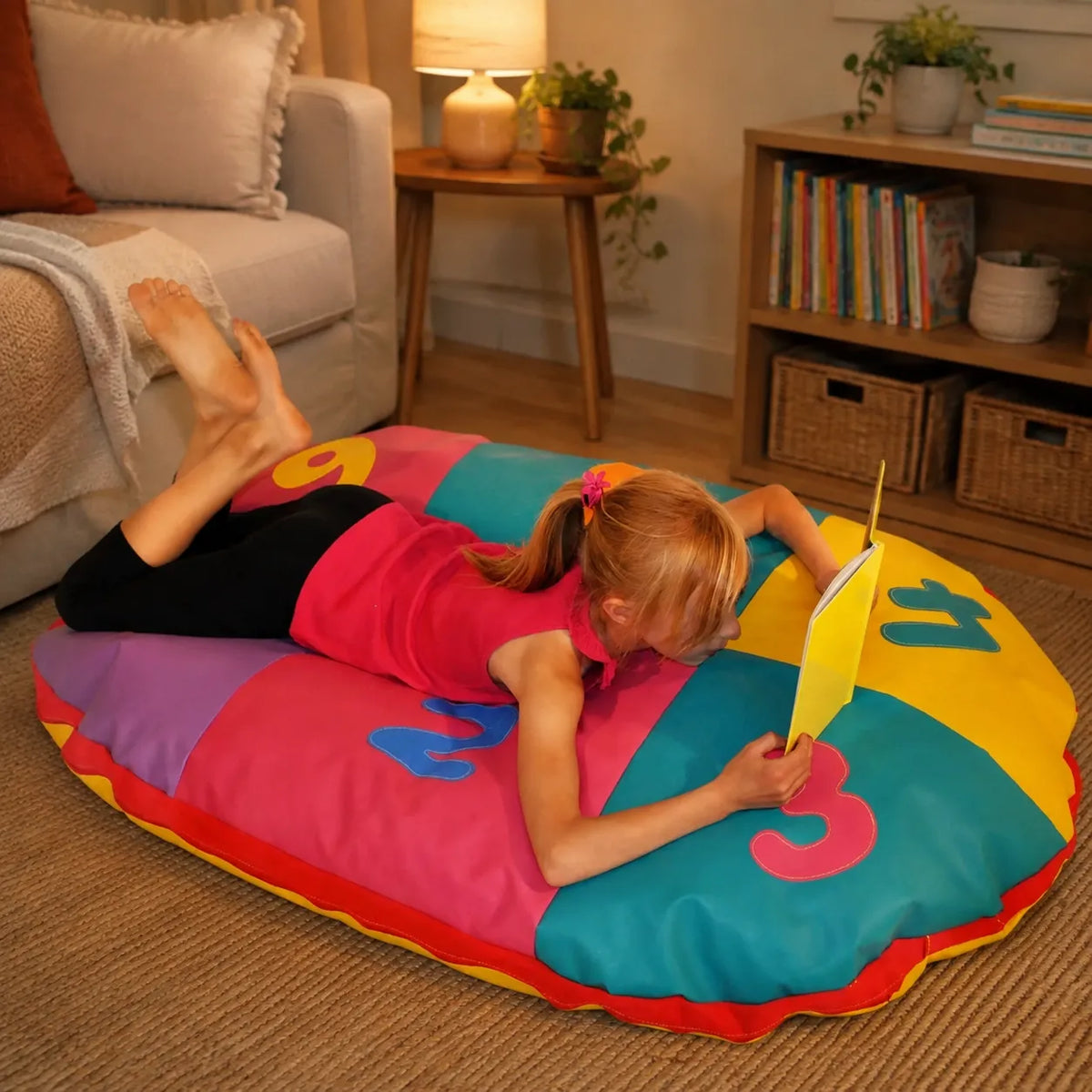 Cosy Oval Number Cushion with child reading in home reading nook
