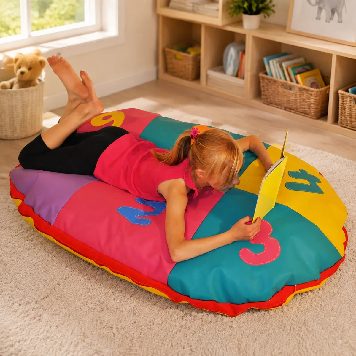Cosy Oval Number Cushion with child reading in bright playroom