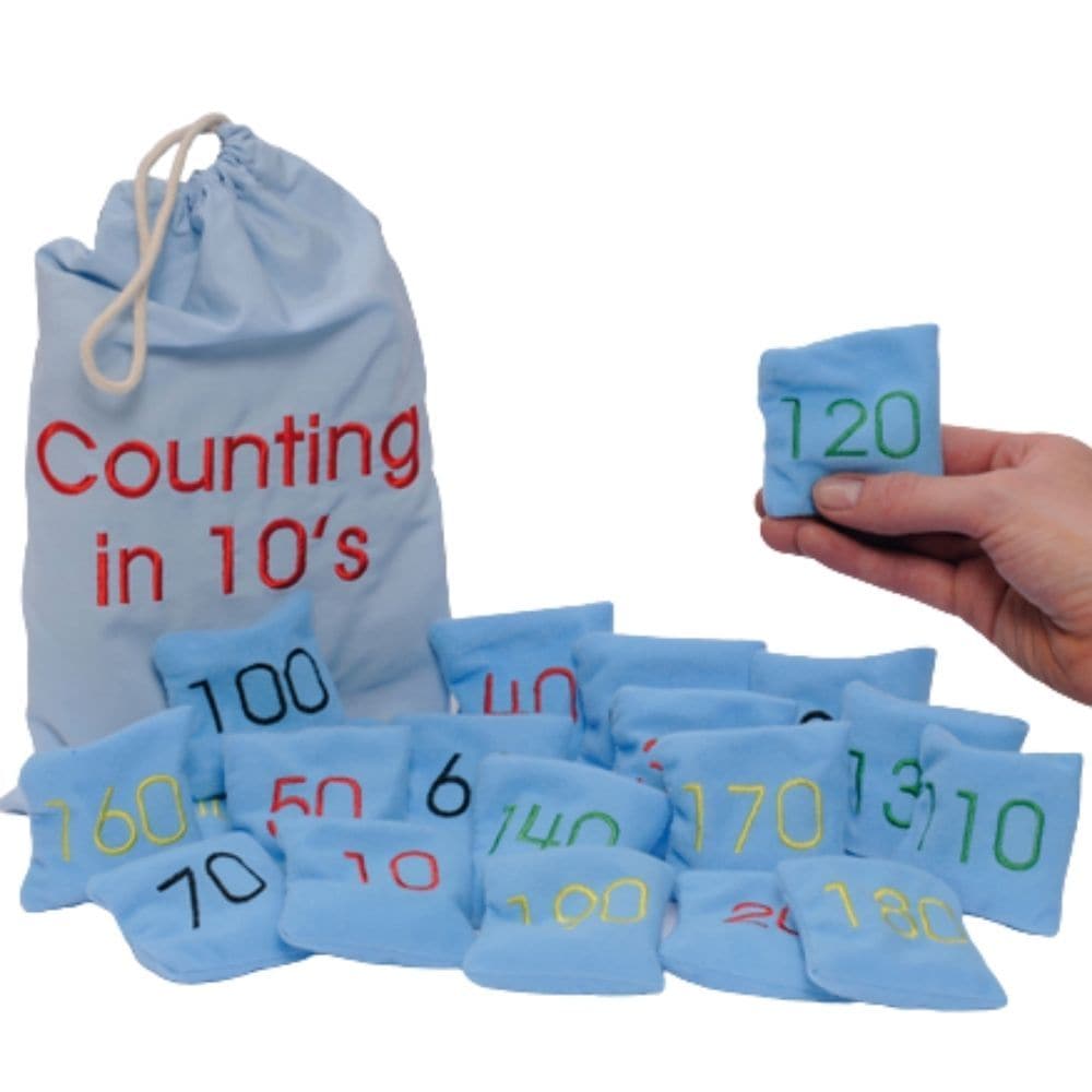 Counting In 10s Bean Bags, These brightly coloured Counting In 10s Bean Bags will help children to understand and learn how to count in ten’s. It is vital to secure a firm understanding of number and counting through a rich variety of experiences. With these Counting In 10s Bean Bags you provide a range of ideas for children so that they canconsolidate their understanding of number and quantity through hands on, open-ended activities which bring maths to life. Our Multiples of 10 Bean Bags includes the foll