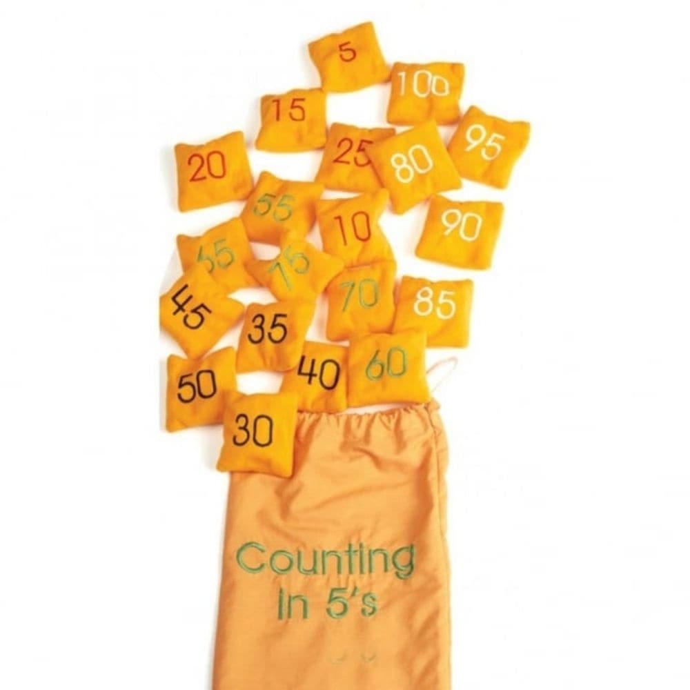 Counting In 5s Bean Bags, The Counting In 5s Bean Bags are an alternative way to engage children to counting in 5’s, these counting 5 bean bags are perfect for teaching number sequence and come in numbers 5-100. The numbers are stitched on the front of each bean bag and are also colour coded in sets of 25. The Counting In 5s Bean Bags measure 7cm per bean bag, this set comes complete in a cotton string storage bag.This Set of Multiples of 5 Bean Bags is perfect for teaching number sequence and come in numbe