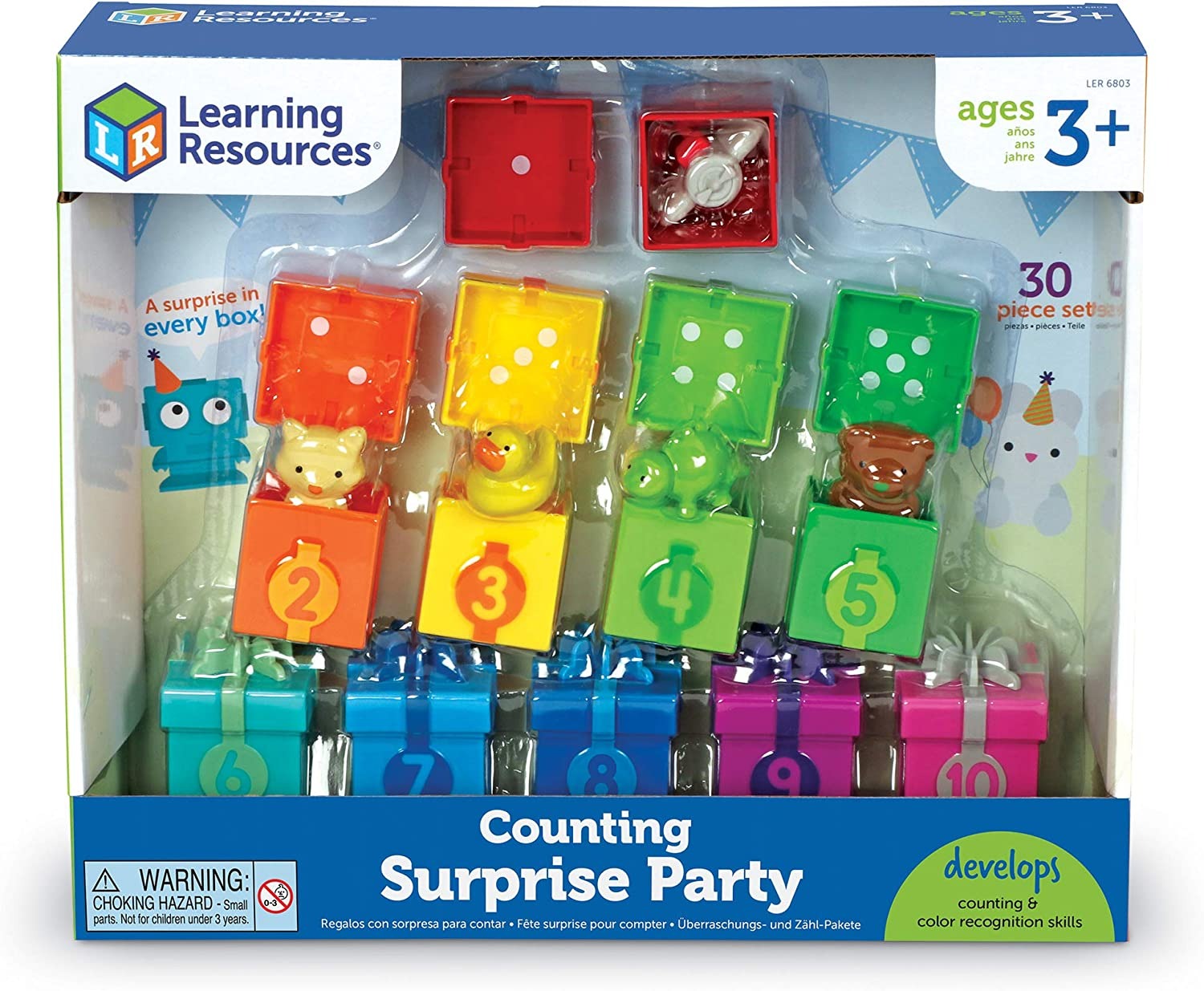 Counting Surprise Party, The Counting Surprise Party is a delightful learning toy designed to provide hours of educational fun for your child. This collection includes a range of numbered boxes, each containing a different colourful object. The boxes are adorned with numerals on the front and a dot array inside the lid, making it easy for children to match the lid to the correct numbered box. Each box is a treasure trove of fun, containing various objects from a friendly cat to a vibrant purple teapot. Thes