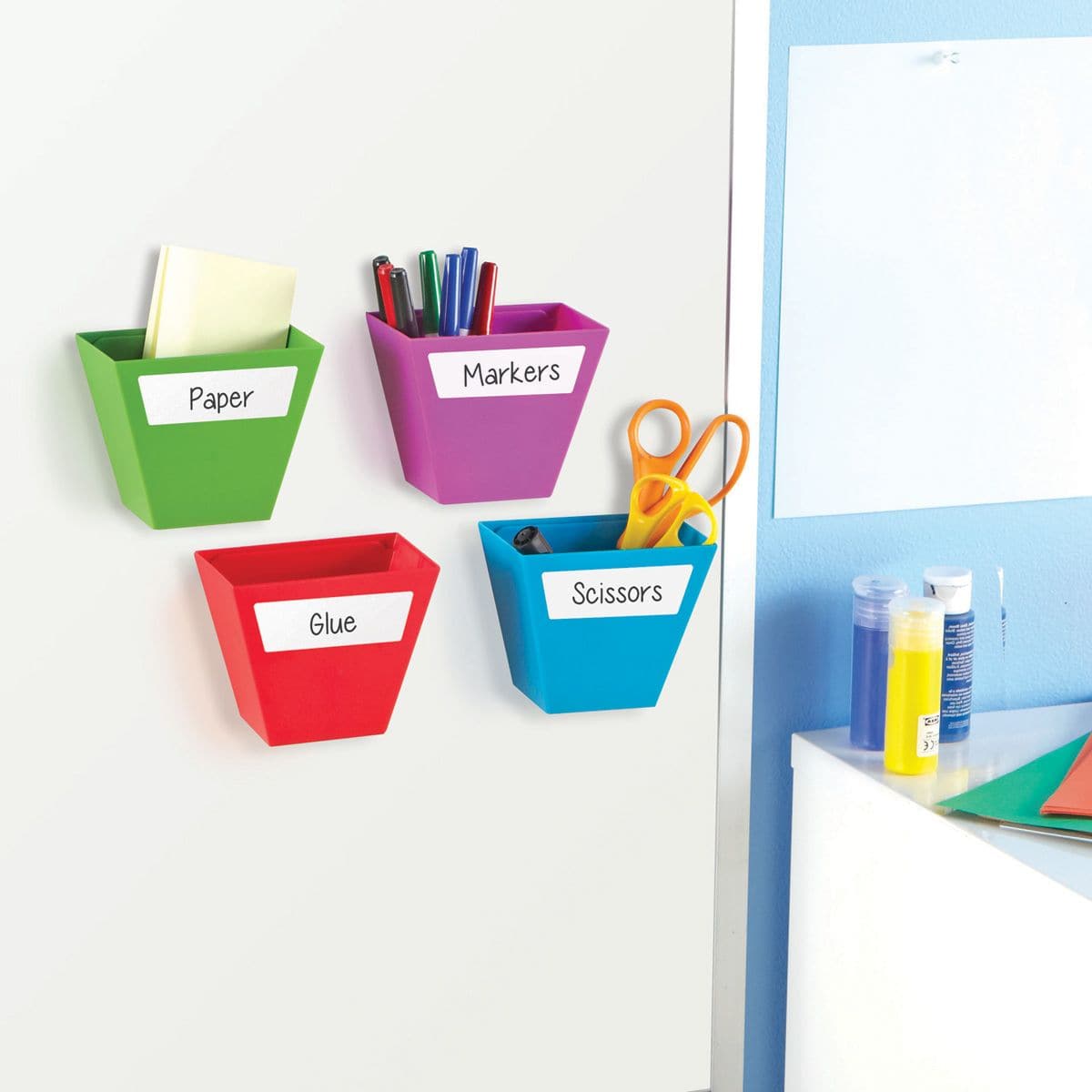 Create-a-Space Storage Bins, The Create-a-Space Storage Bins are designed to stand on their own or attach to a magnetic surface, these storage bins are great for organising your pens, pencils, art supplies and more. The Learning Resources Magnetic Create-a-Space Storage Boxes has the following benefits Vibrant and modern design Ideal storage solution for your class or home office Boxes fix to any magnetic surface or can stand independently Includes four vibrant storage boxes and a sheet of wipe-clean labels