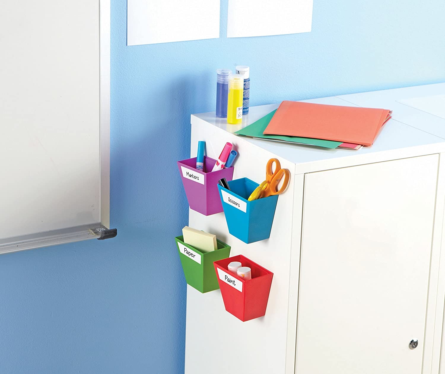 Create-a-Space Storage Bins, The Create-a-Space Storage Bins are designed to stand on their own or attach to a magnetic surface, these storage bins are great for organising your pens, pencils, art supplies and more. The Learning Resources Magnetic Create-a-Space Storage Boxes has the following benefits Vibrant and modern design Ideal storage solution for your class or home office Boxes fix to any magnetic surface or can stand independently Includes four vibrant storage boxes and a sheet of wipe-clean labels