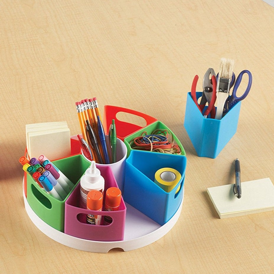 Create-a-Space Storage Centre, The Create-a-Space Storage Centre allows you to organise your work area with this attractive and fresh looking storage centre. Ideal for keeping everyday tools such as pens, pencils and scissors tidy when not in use! Create-a-Space Storage Centre features nine storage areas. Eight colourful pots that fit in a circular storage tray and the centre of the tray doubles up as an additional container. A vibrant and modern storage solution for the home, school or office! Useful stora