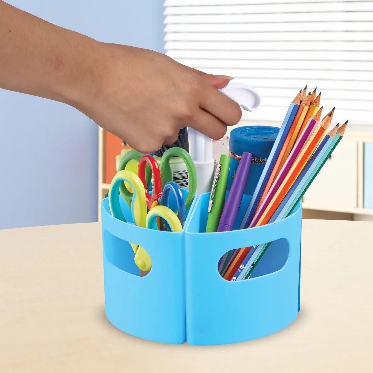 Create-a-Space™ Mini-Centre - Blue, Take creativity everywhere it takes you with a mini blue version of multicolour Create-A-Space Mini-Centre. Tidy, sort and store maker materials and move them wherever you need them.This easy-carry stationery storage organiser is ideal for classroom and home use.Three removable stationery storage compartments fit onto the easy-grip handle. The Create-A-Space Mini-Centre now in blue! This sturdy desk tidy brings an easy, convenient way to organise and present everyday bits